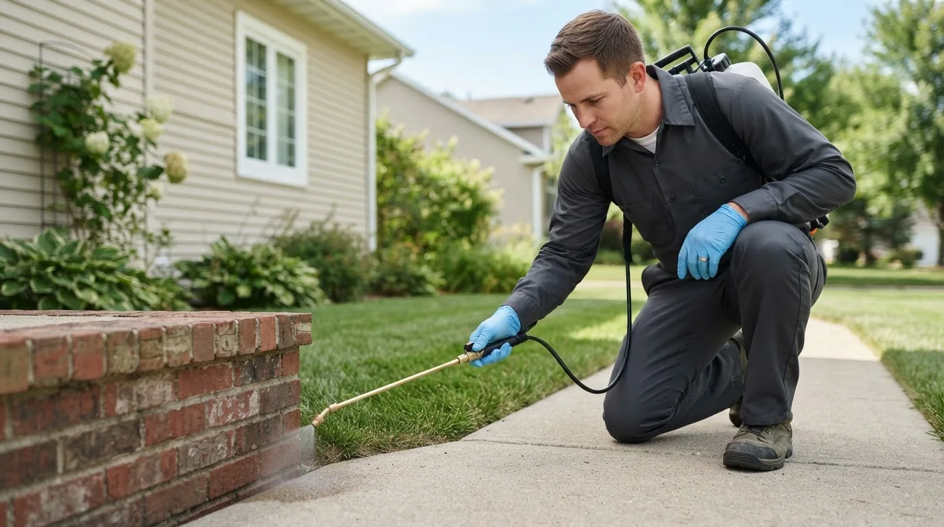 Pest control technician treating a home near Trimble, OH