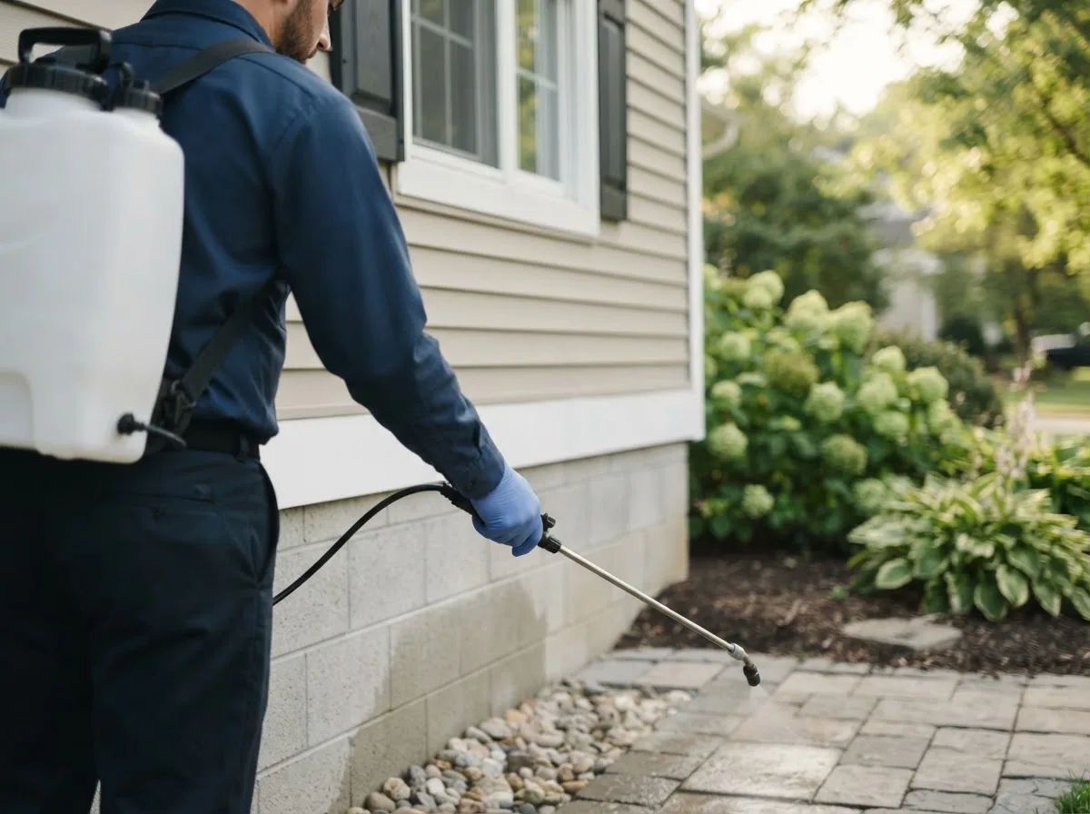 Pest control technician inspecting a home in Trimble, OH
